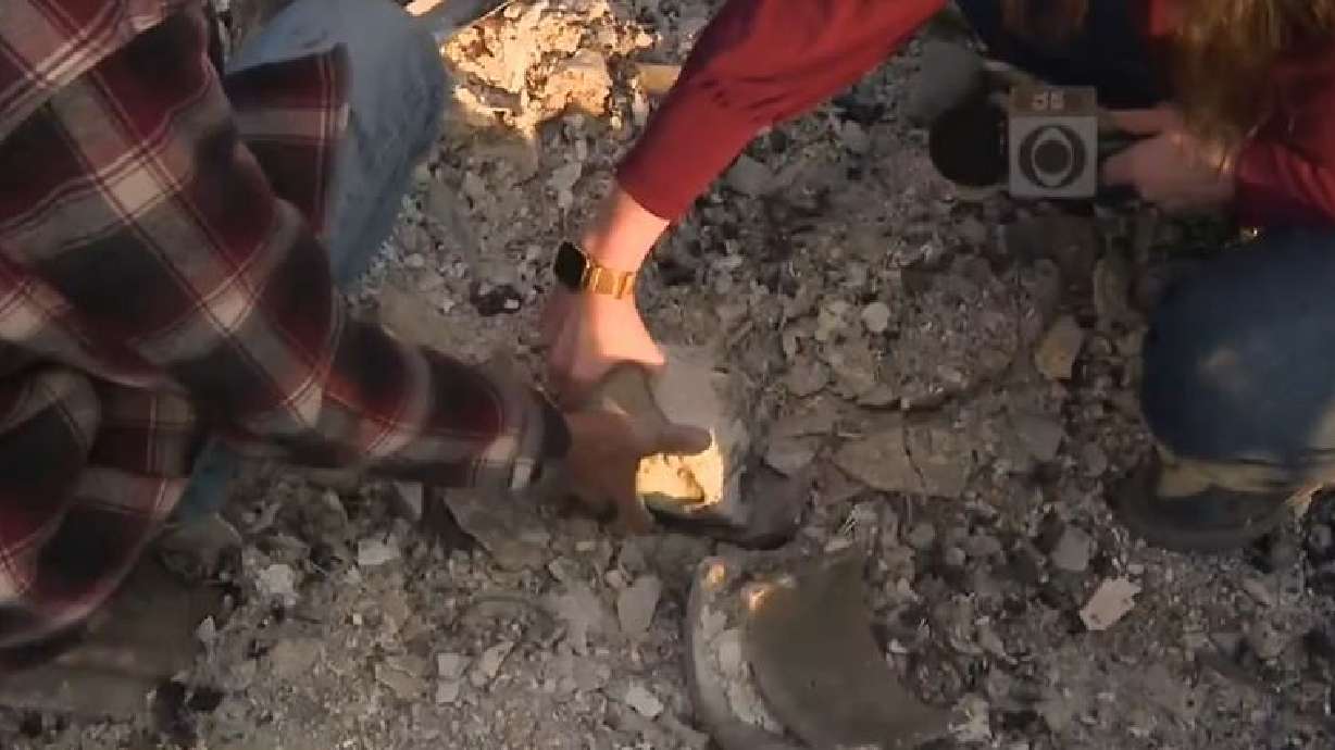 While sifting through the debris left behind by the devastating fire, Rodriguez and KCAL News reporter Joy Benedict found the remains of the urn that hold his late wife's ashes.