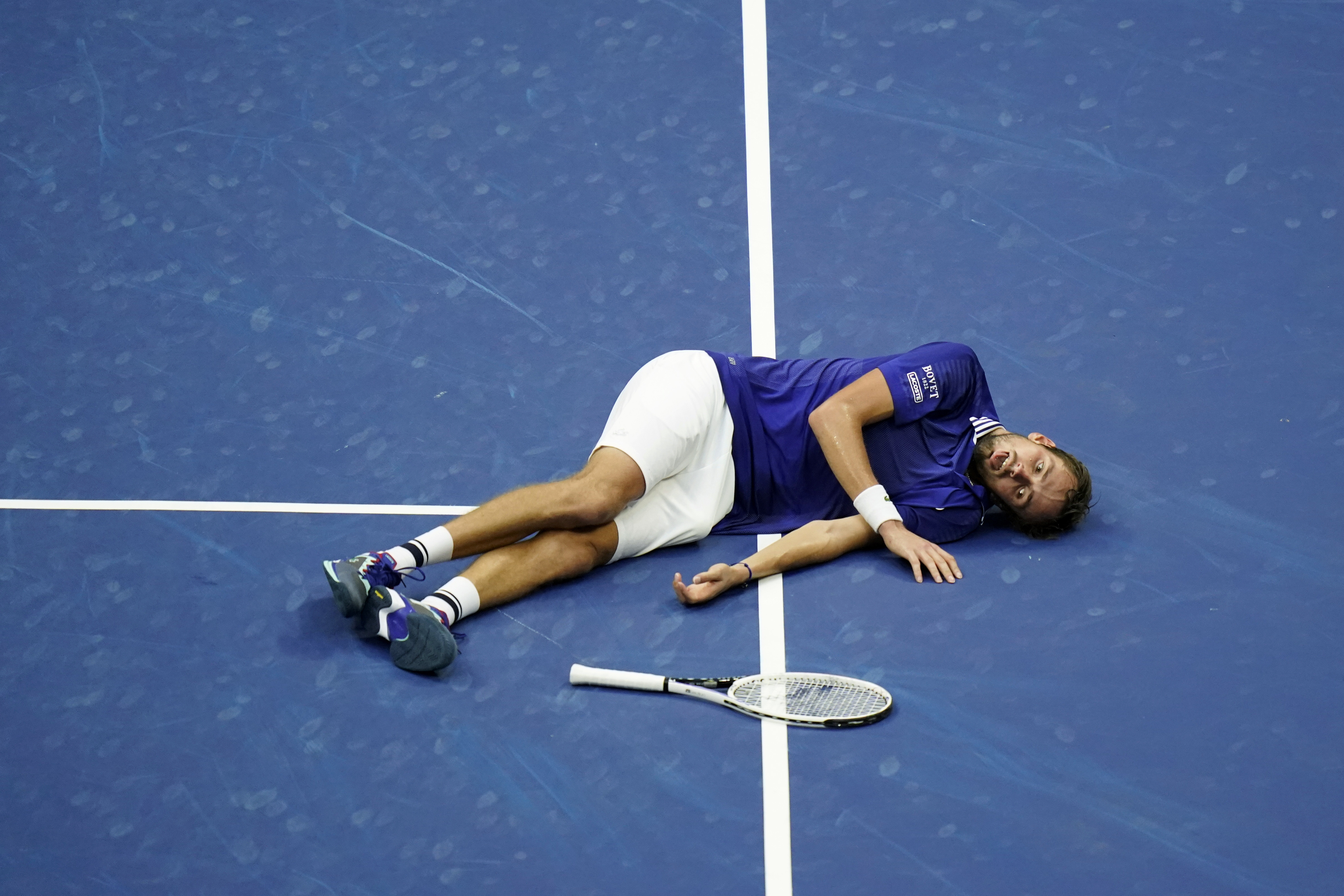 FILE - Daniil Medvedev, of Russia, reacts on the court after defeating Novak Djokovic, of Serbia, during the men's singles final of the US Open tennis championships, Sept. 12, 2021, in New York.
