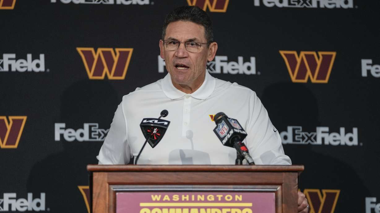 FILE - Washington Commanders head coach Ron Rivera speaking during a press conference at the end of an NFL football game against the Dallas Cowboys, Jan. 7, 2024, in Landover, Md.