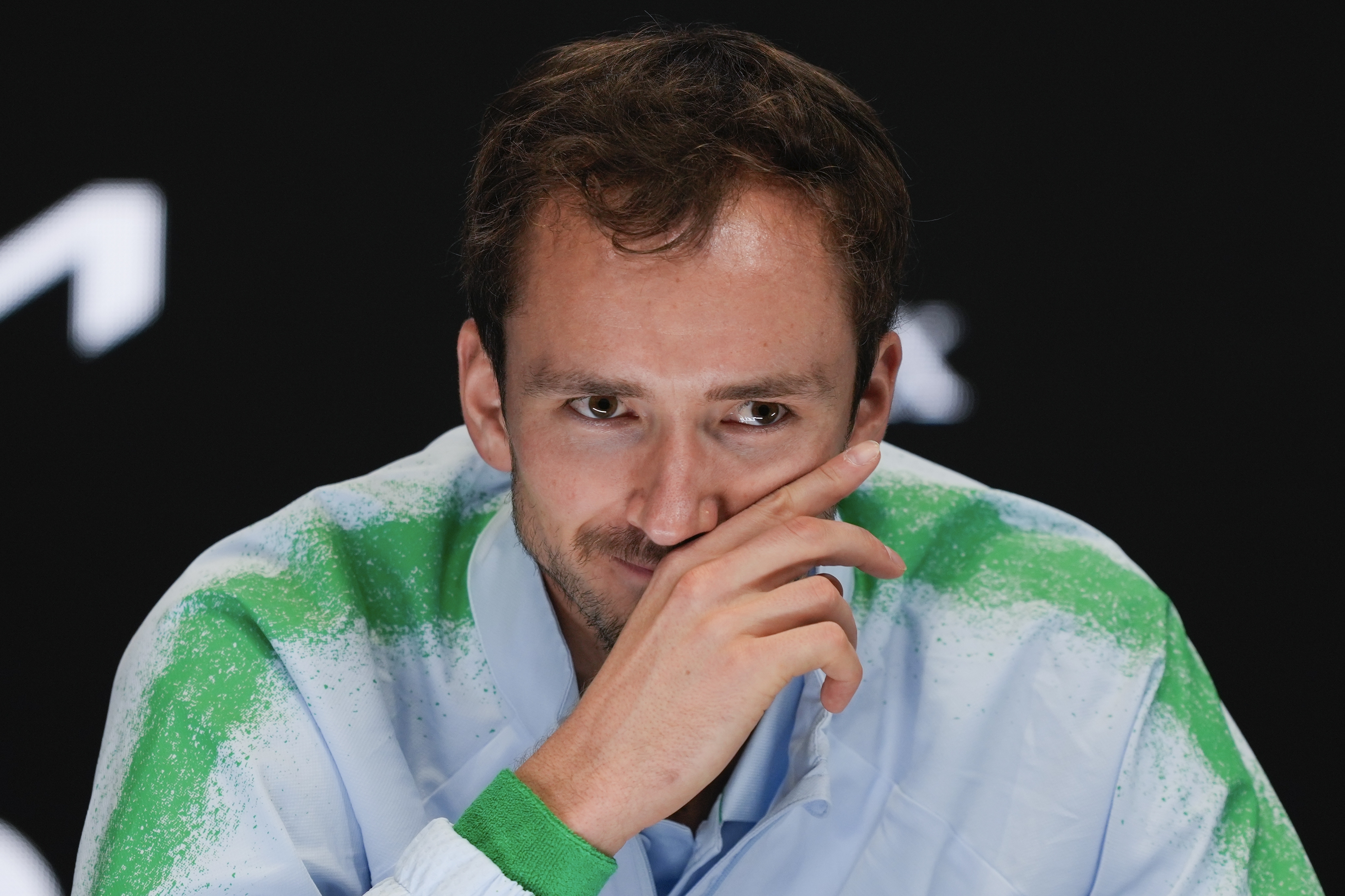 Russia's Daniil Medvedev reacts during a press conference ahead of the Australian Open tennis championship in Melbourne, Australia, Friday, Jan. 10, 2025.
