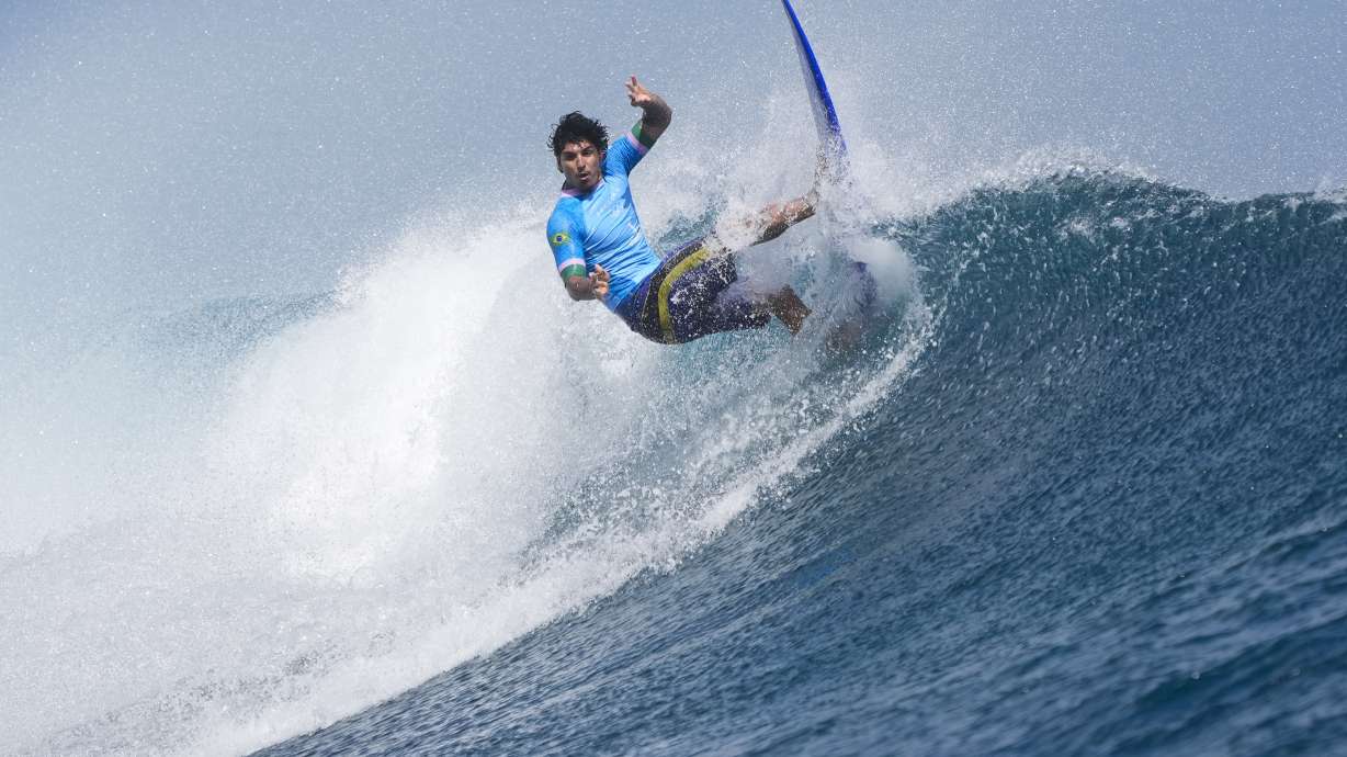FILE - Brazil's Gabriel Medina surfs during the bronze medal match of the surfing competition at the 2024 Summer Olympics, Aug. 5, 2024, in Teahupo'o, Tahiti.