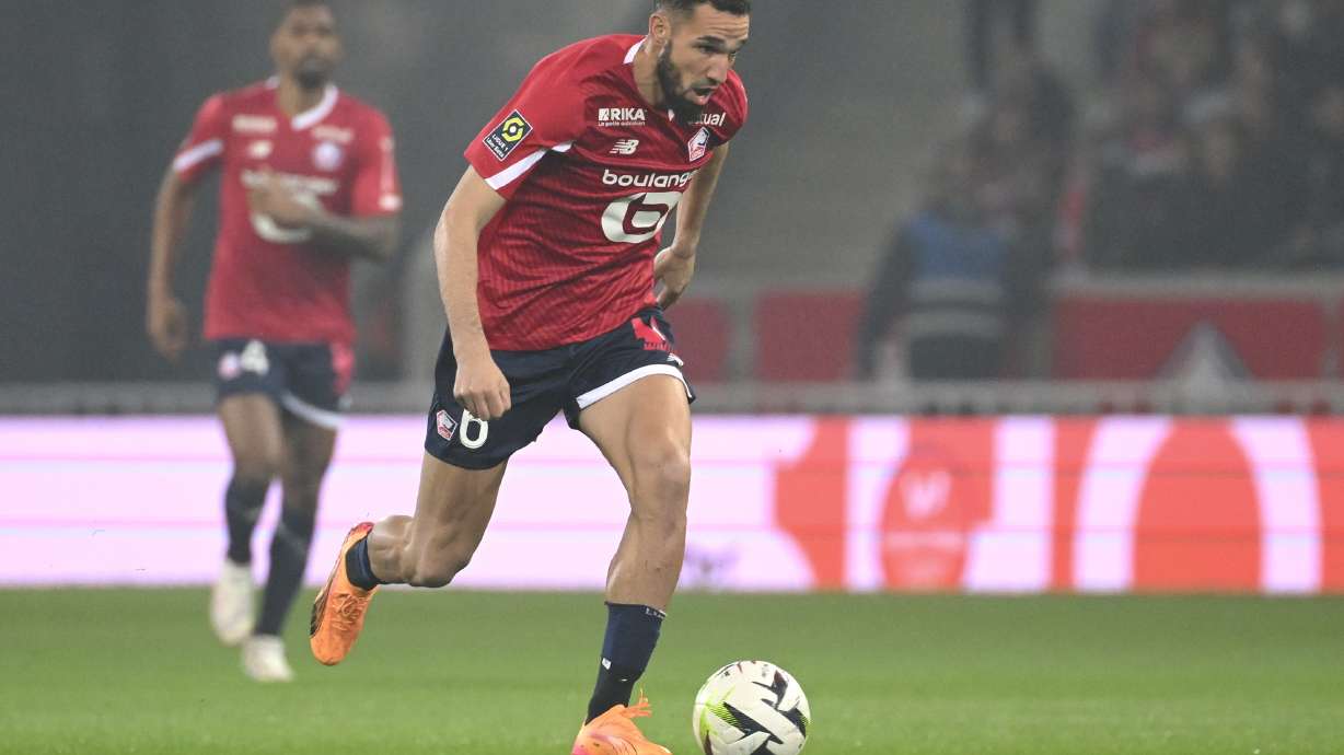 FILE - Lille's Nabil Bentaleb in action during the French League One soccer match between Lille and Marseille at the Pierre Mauroy stadium in Villeneuve d'Ascq, northern France, April 5, 2024.