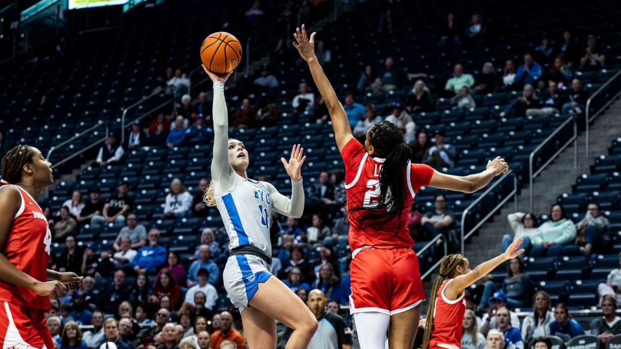 BYU guard Delaney Gibb drives to the rim during a Big 12 women's basketball game against Houston, Wednesday, Jan. 8, 2025, in the Marriott Center in Provo. Gibb was named Big 12 freshman of the week for the fourth time this season, setting a school record.