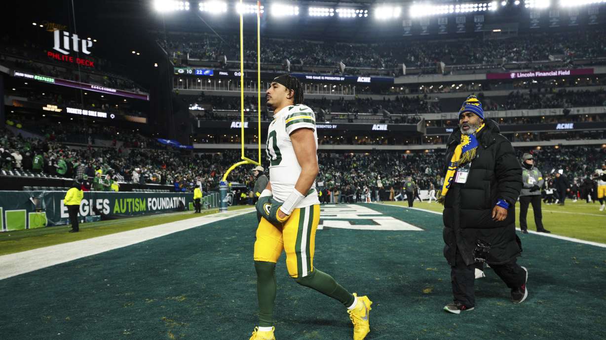 Green Bay Packers quarterback Jordan Love walks off the field after an NFL wild-card playoff football game against the Philadelphia Eagles on Sunday, Jan. 12, 2025, in Philadelphia.