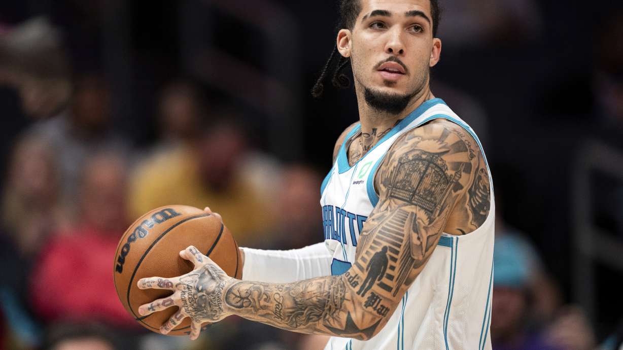 FILE - Charlotte Hornets guard LiAngelo Ball plays in the second half of an NBA preseason basketball game against the Washington Wizards in Charlotte, N.C., Monday, Oct. 10, 2022.