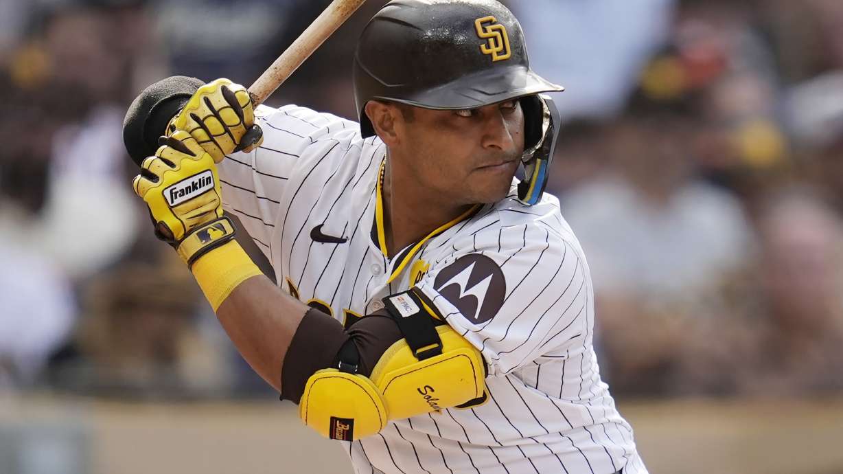 FILE - San Diego Padres' Donovan Solano bats against the Houston Astros during a baseball game Sept. 18, 2024, in San Diego.