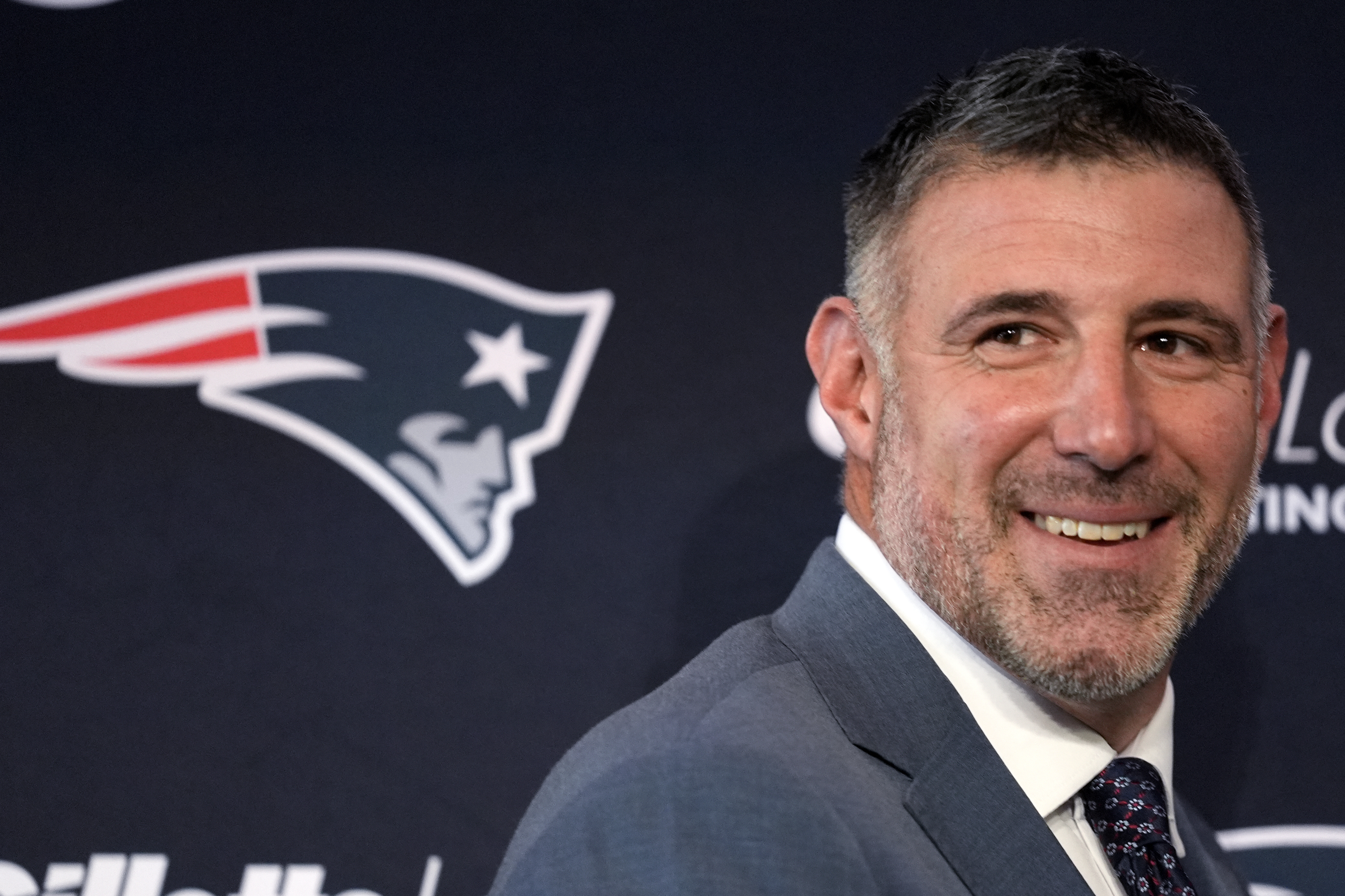 New England Patriots head coach Mike Vrabel smiles during an availability, Monday, Jan. 13, 2025, in Foxborough, Mass..