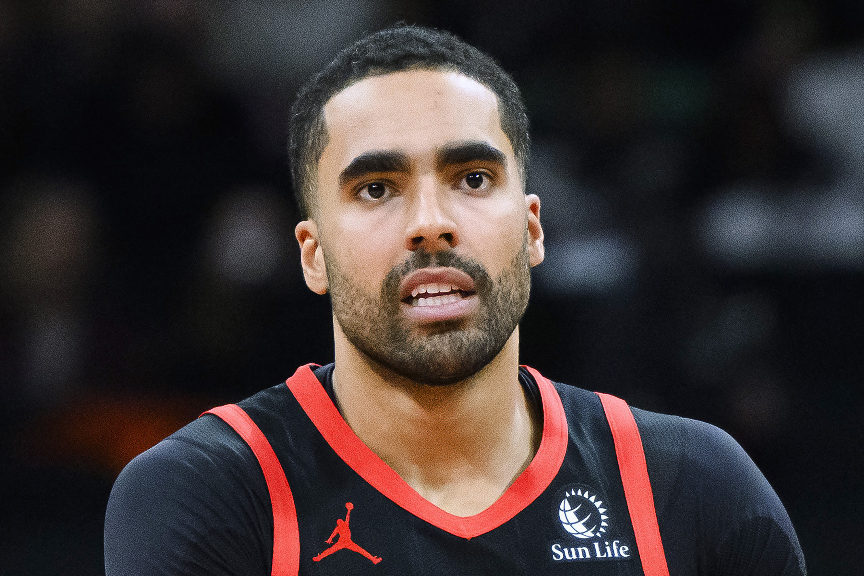 FILE - Toronto Raptors forward Jontay Porter looks on during the first half of the team's NBA basketball game against the Chicago Bulls, Jan. 18, 2024, in Toronto. 