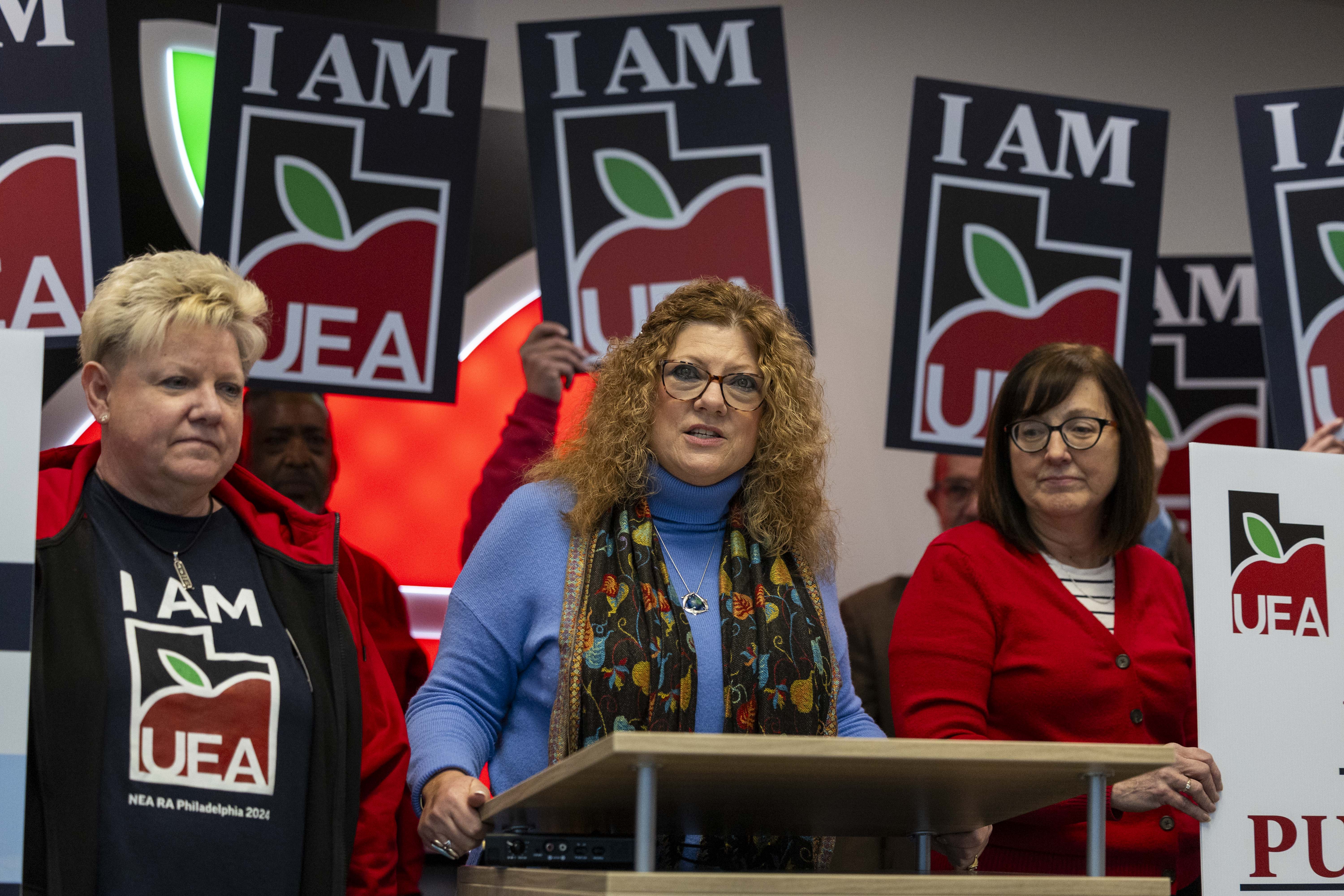Utah Education Association President Renée Pinkney talks to media at a press conference discussing the UEA’s 2025 legislative priorities and findings from its latest member survey, at the Utah Educators Association Headquarters in Murray on Monday.