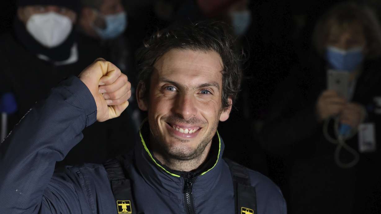 FILE - French yachtman Charlie Dalin clenches his fist in Les Sables-d'Olonne, western France, Wednesday, Jan. 27, 2021.