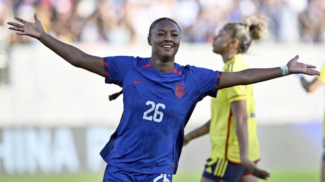 FILE - United States forward Jaedyn Shaw (26) celebrates after scoring against Colombia during the second half of an international friendly soccer match Sunday, Oct. 29, 2023, in San Diego.