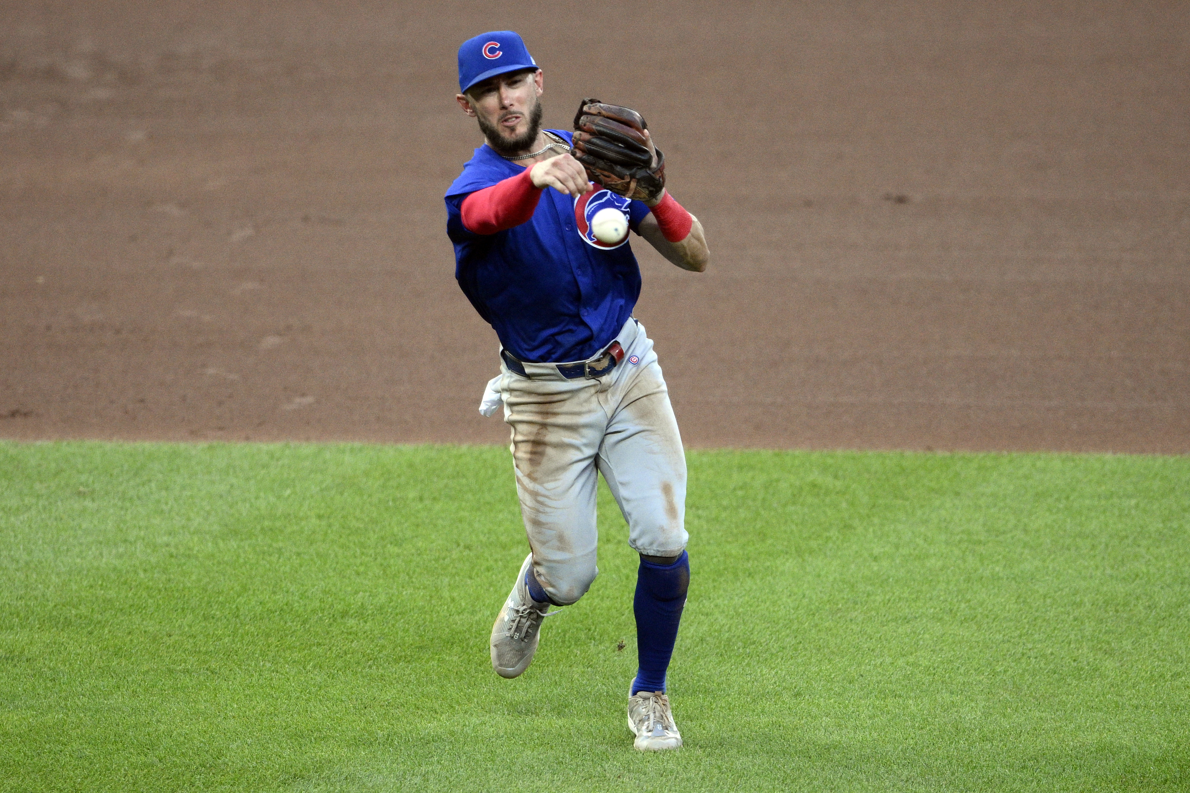 FILE - Chicago Cubs infielder Miles Mastrobuoni (20) throws to first during a baseball game against the Baltimore Orioles, Thursday, July 11, 2024, in Baltimore.