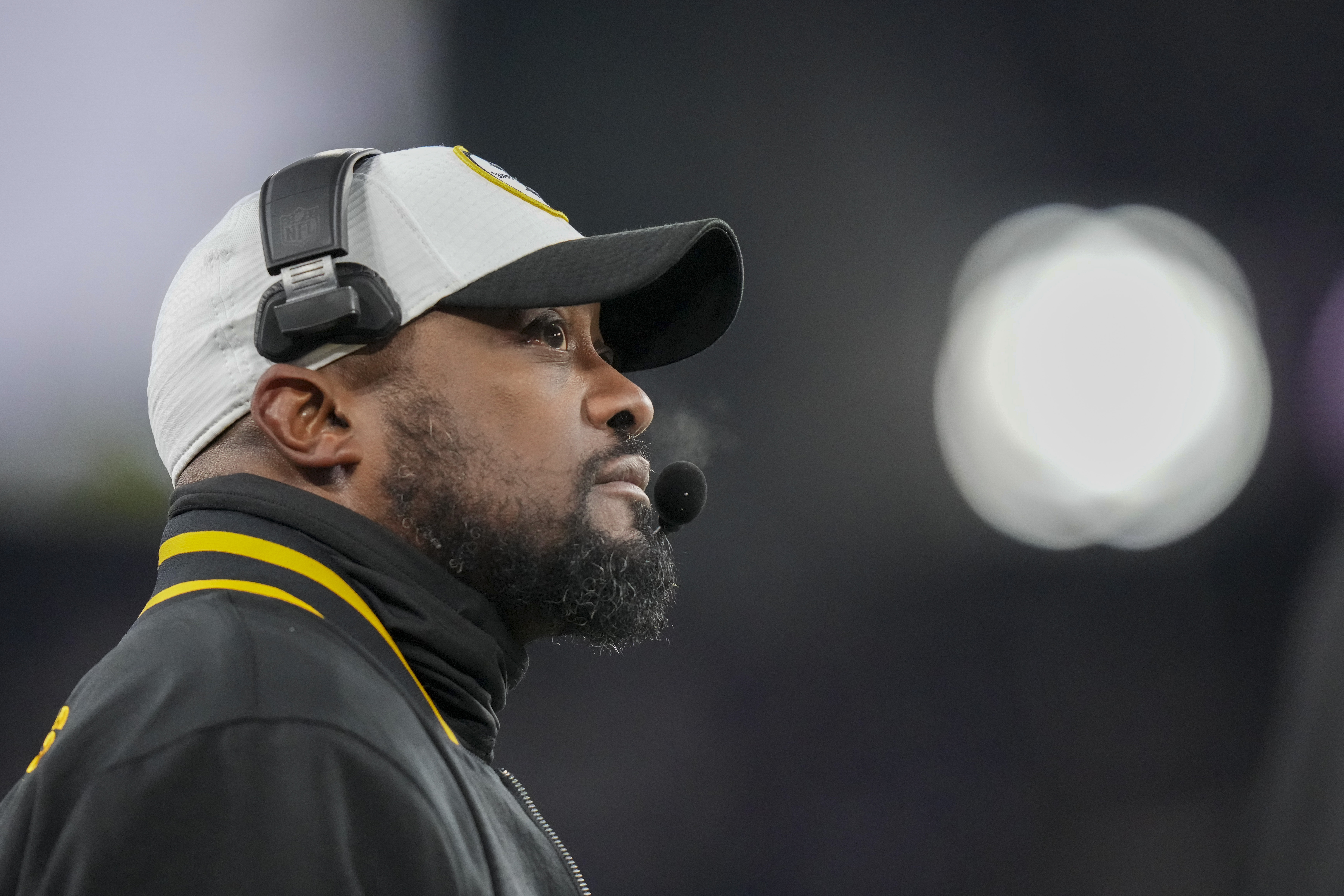 Pittsburgh Steelers head coach Mike Tomlin looks on during the first half of an NFL wild-card playoff football game against the Baltimore Ravens, Saturday, Jan. 11, 2025, in Baltimore.