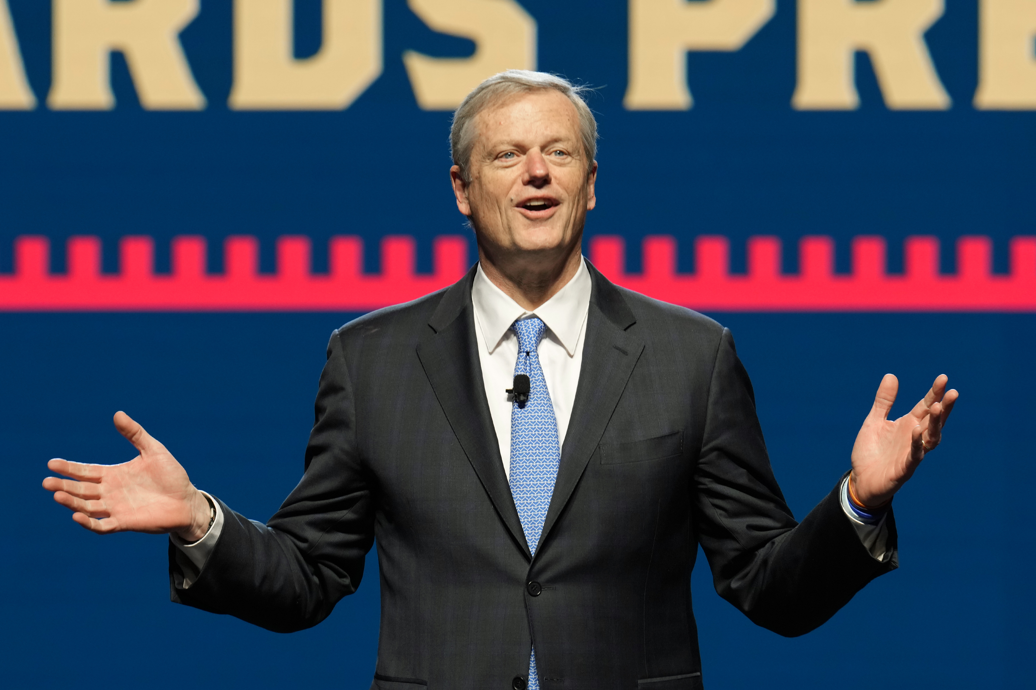FILE - NCAA President Charlie Baker speaks at his first state of college sports address, at the association's annual convention in Phoenix, Jan. 10, 2024.