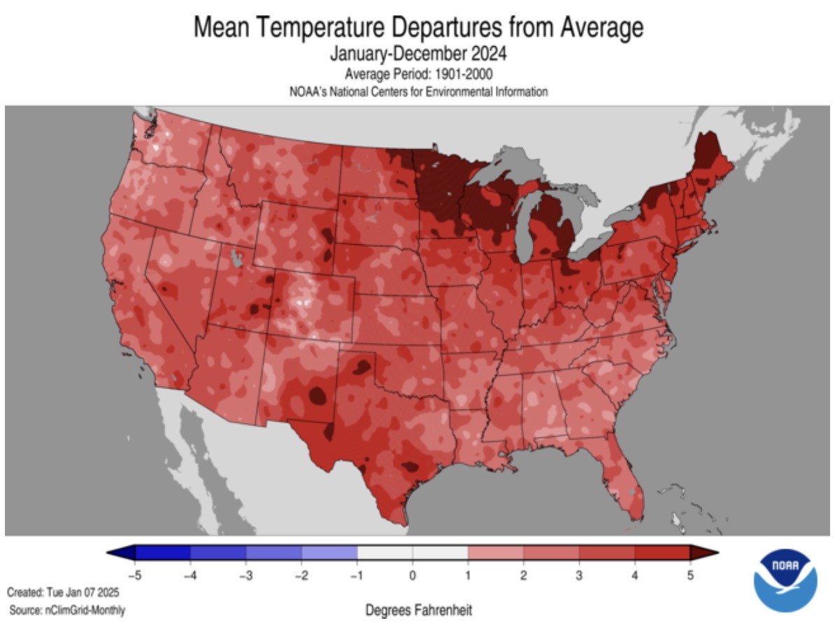 This map shows the average temperature across the contiguous U.S. in 2024 compared to 20th-century averages. Ten Utah counties broke average temperature records in 2024.