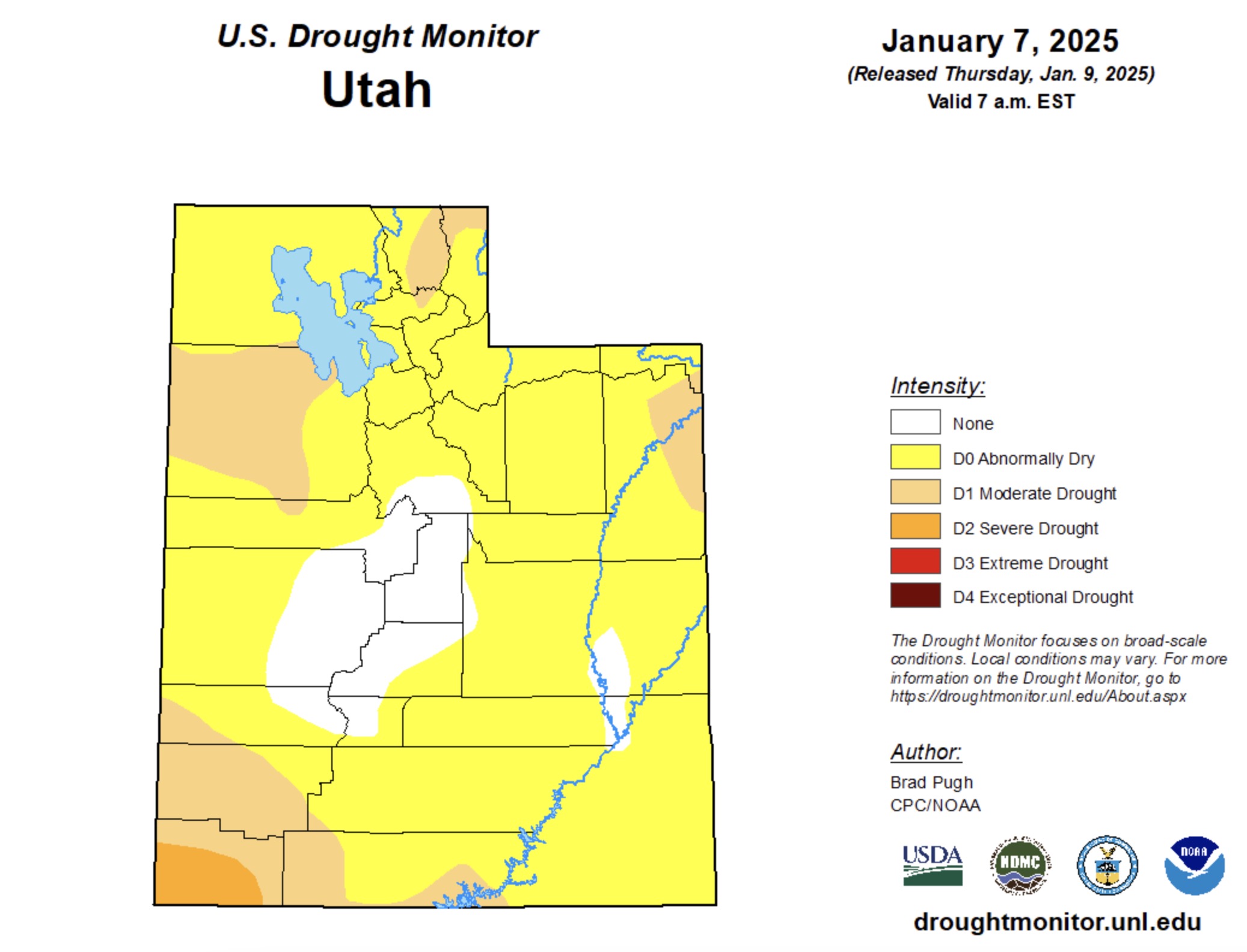 This map shows current drought conditions across Utah. The driest conditions are in southwest Utah, but most of the state is either "abnormally dry" or in drought.