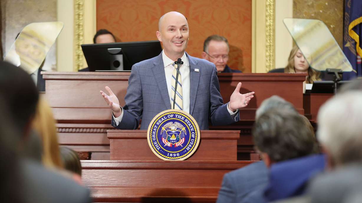 Gov. Spencer Cox delivers his 2023 State of the State address to the legislature at the Capitol in Salt Lake City on Jan. 19, 2023. Gov. Cox told low-tax advocates Tuesday he wants a "shake up" in approaches to tax relief.