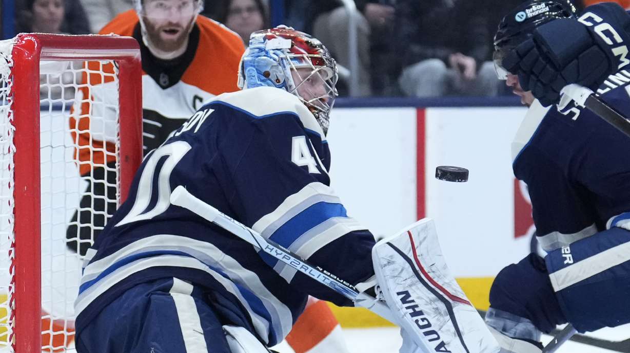 Columbus Blue Jackets goaltender Daniil Tarasov (40) blocks a shot in the first period of an NHL hockey game against the Philadelphia Flyers Tuesday, Jan. 14, 2025, in Columbus, Ohio.