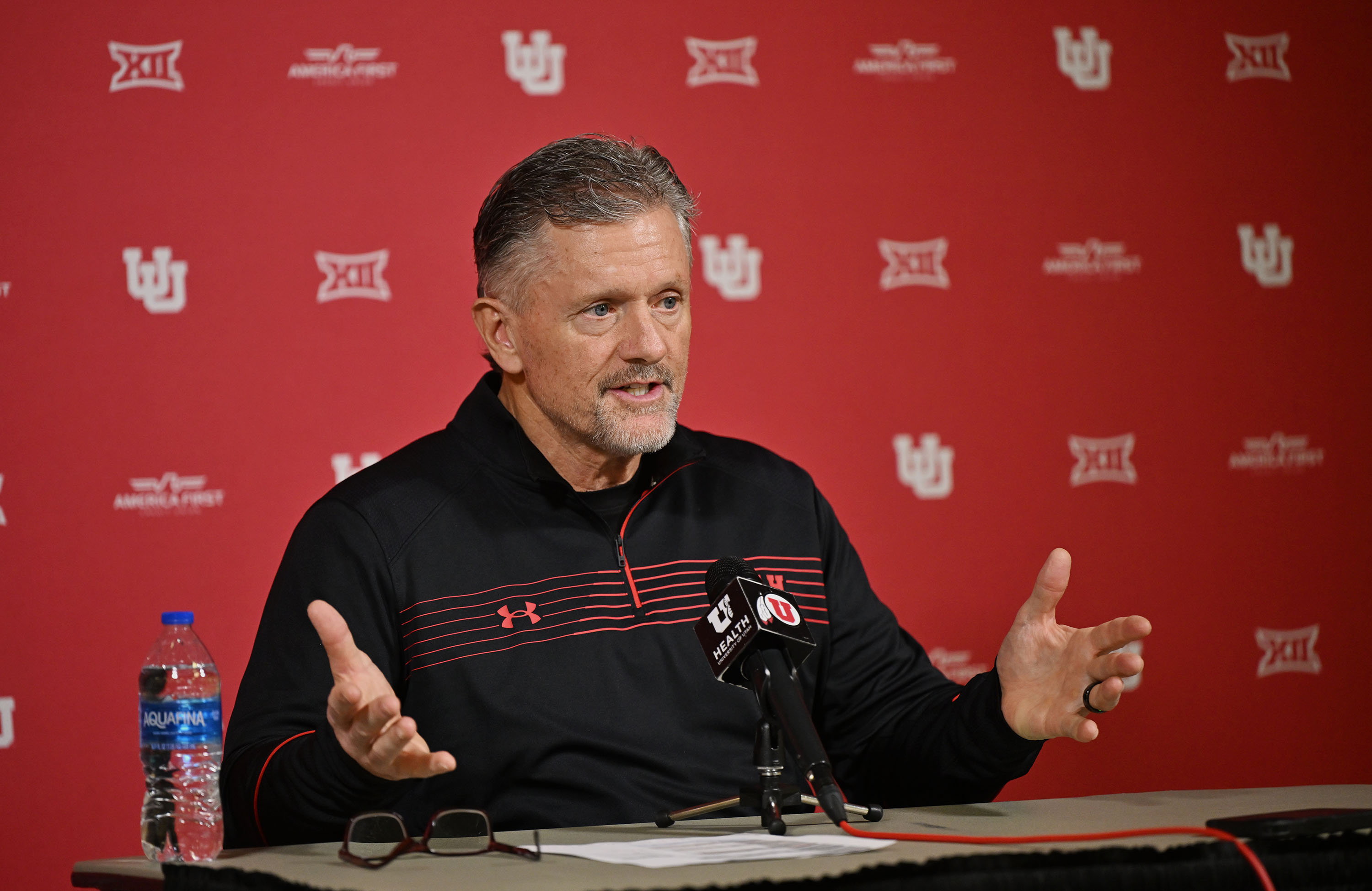 University of Utah football head coach Kyle Whittingham talks with media in Salt Lake City on Tuesday, Jan. 14, 2025, as winter workouts begin.