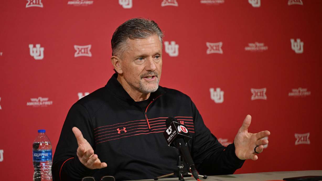 University of Utah football head coach Kyle Whittingham talks with media in Salt Lake City on Tuesday, Jan. 14, 2025, as winter workouts begin.