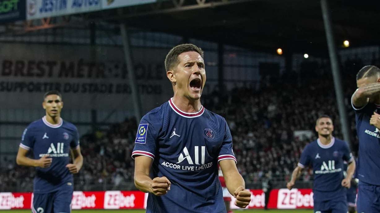 FILE - PSG's Ander Herrera celebrates after scoring the opening goal during a French League One soccer match between Brest and PSG at the Francis-Le Ble stadium in Brest, France, Aug. 20, 2021.