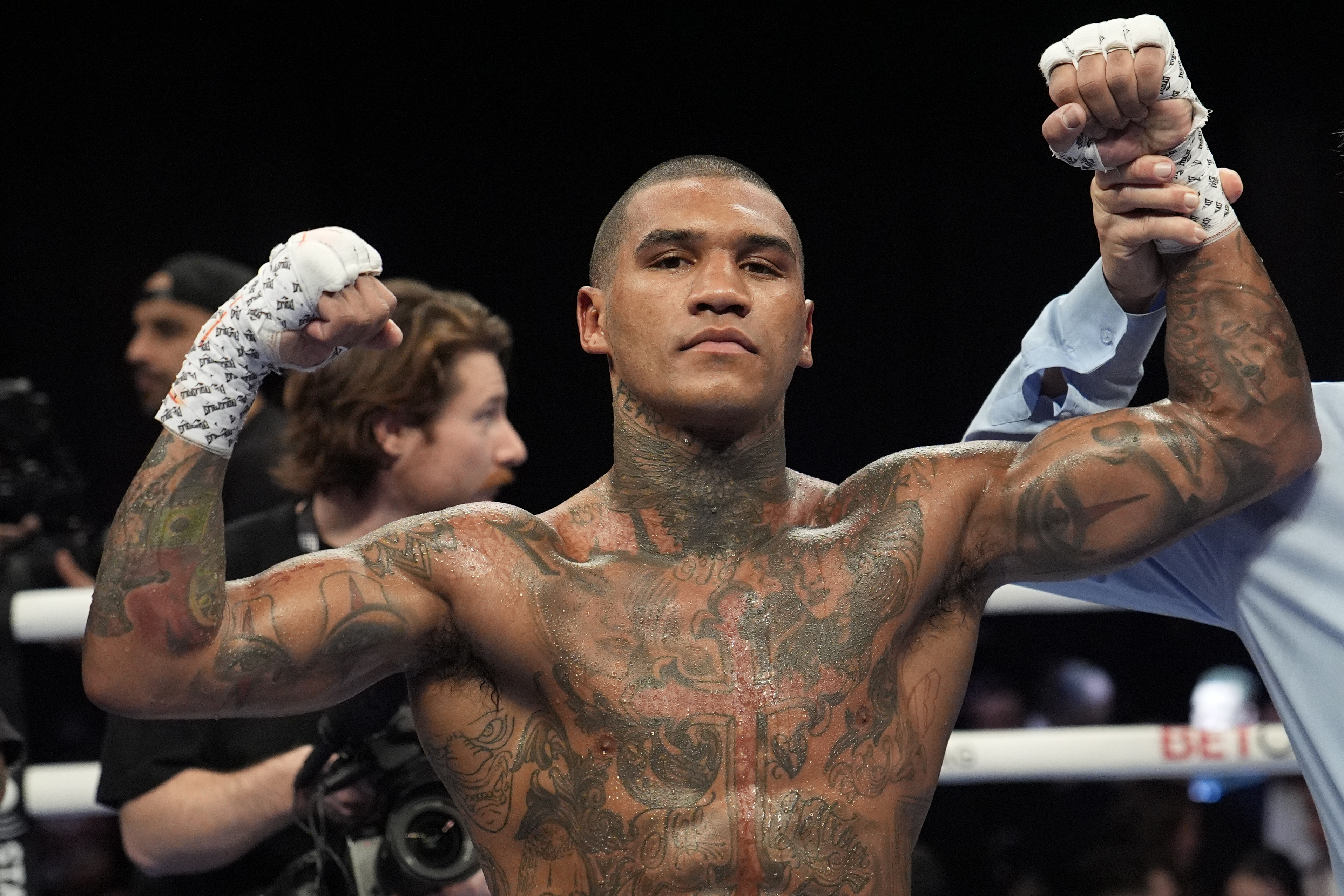 Conor Benn poses after defeating Peter Dobson in a welterweight boxing match Saturday, Feb. 3, 2024, in Las Vegas.
