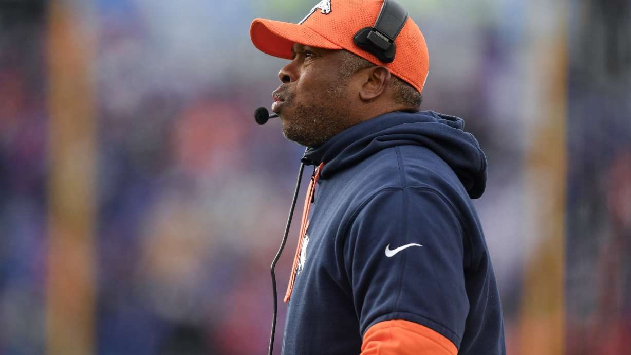 Denver Broncos defensive coordinator Vance Joseph watches play during the second half of an NFL football wild card playoff game against the Buffalo Bills in Orchard Park, N.Y., Sunday, Jan. 12, 2025.