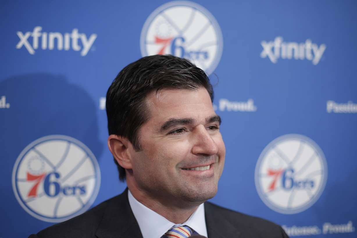 Philadelphia 76ers chief ve officer Scott O'Neil speaks to reporters at the team's NBA basketball training facility, Monday, July 8, 2013, in Philadelphia.