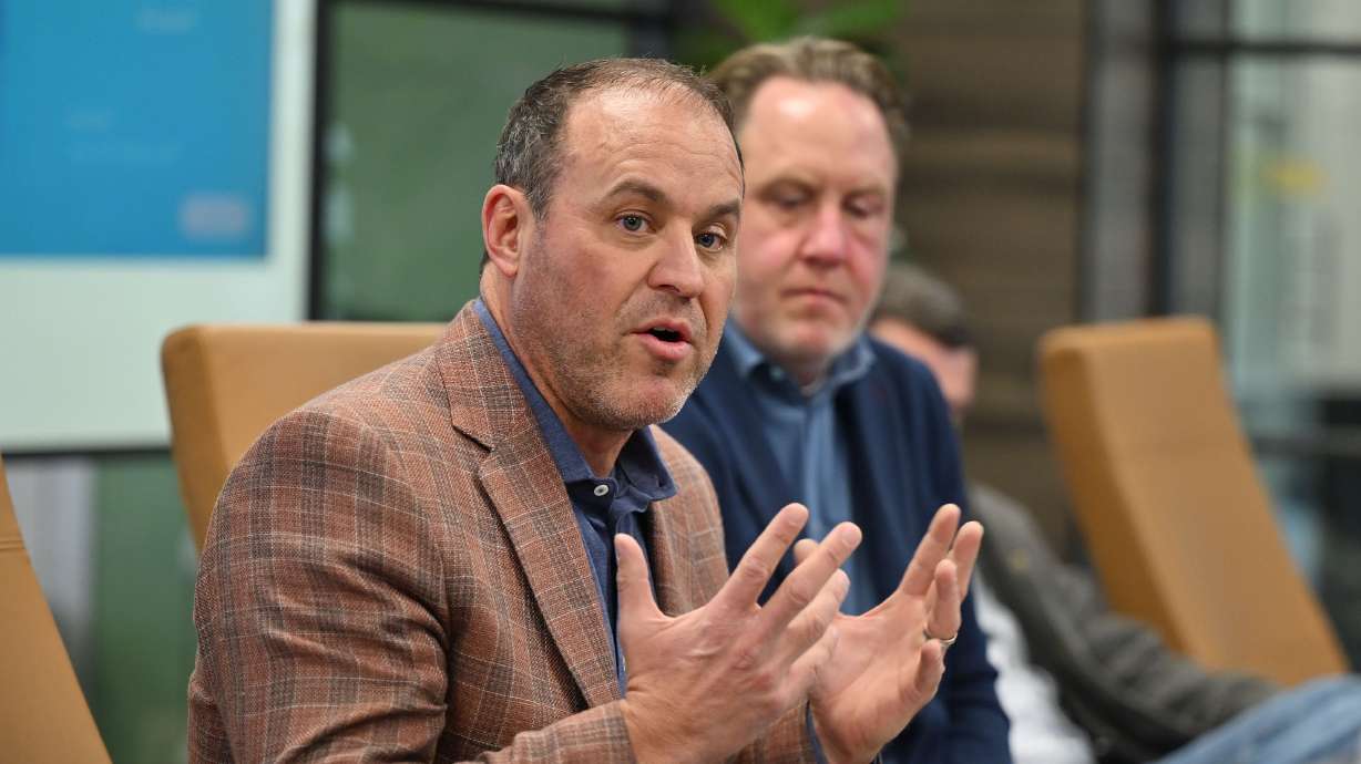 House Speaker Mike Schultz, R-Hooper, left, talks at a combined Deseret News and KSL editorial boards meeting in Salt Lake City on Tuesday.
