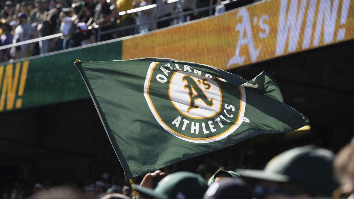 FILE - An Oakland Athletics flag is flown after a baseball game between the Athletics and the Texas Rangers, Thursday, Sept. 26, 2024, in Oakland, Calif.