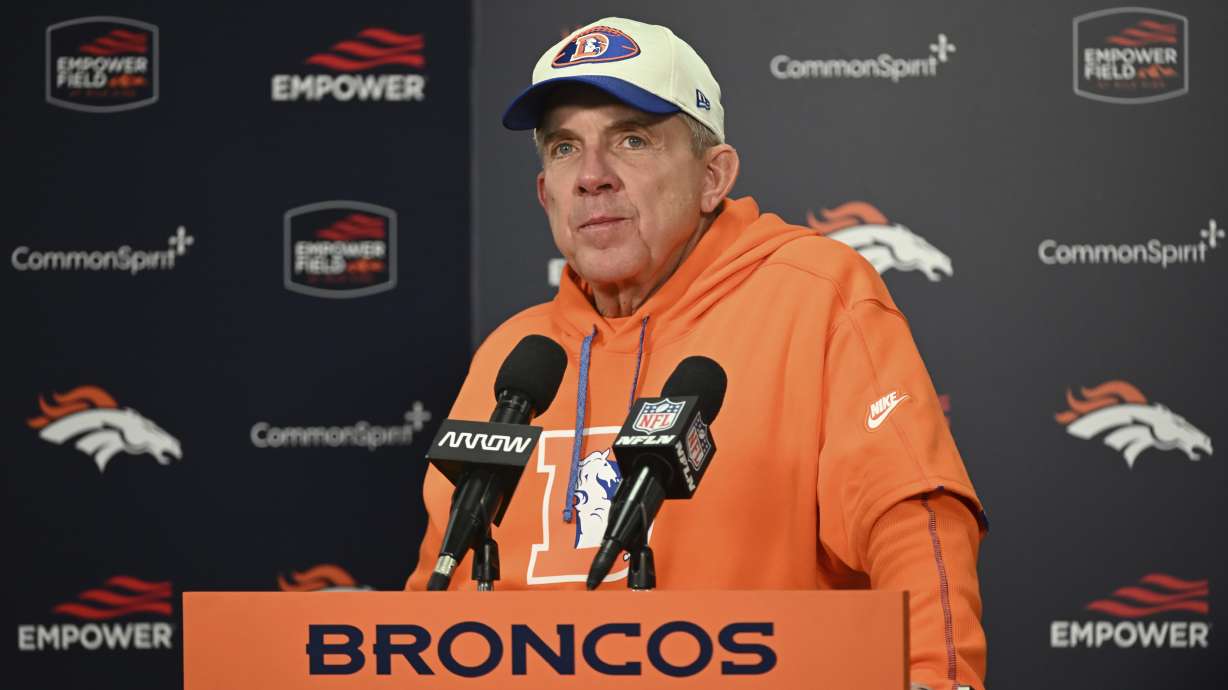 Denver Broncos head coach Sean Payton considers a question during a news conference after an NFL football game against the Kansas City Chiefs, Sunday, Jan. 5, 2025, in Denver.