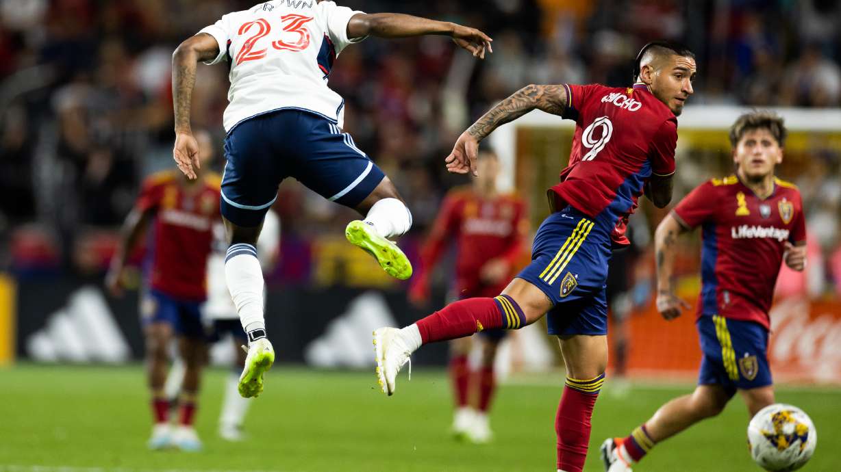 Left to right, Vancouver Whitecaps defender Javain Brown (23) and Real Salt Lake attacker Cristian Arango during the game at America First Field in Sandy on Saturday, Sept. 23, 2023.