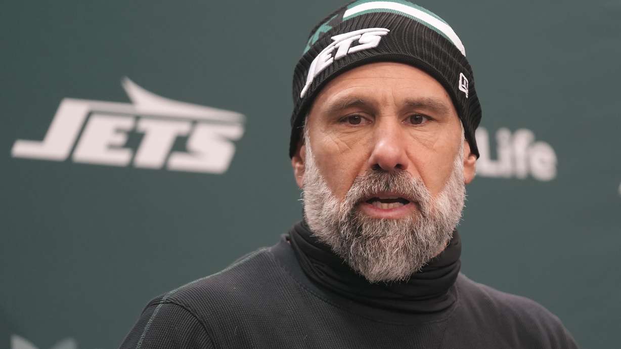 New York Jets interim head coach Jeff Ulbrich speaks at a news conference after an NFL football game against the Los Angeles Rams in East Rutherford, N.J., Sunday, Dec. 22, 2024.