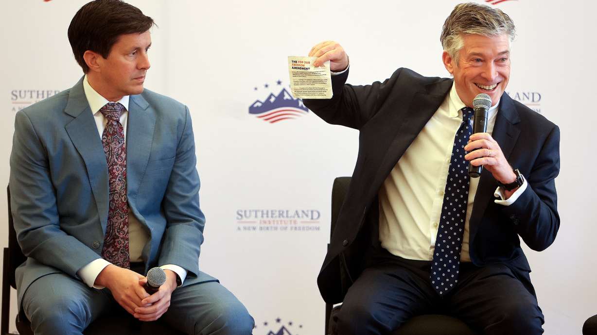 Senate Majority Leader Kirk Cullimore, R-Draper, and American Promise CEO Jeff Clements discuss money in politics at a 2025 election policy discussion at the Sutherland Institute at Thomas S. Monson Center in Salt Lake City on Wednesday.