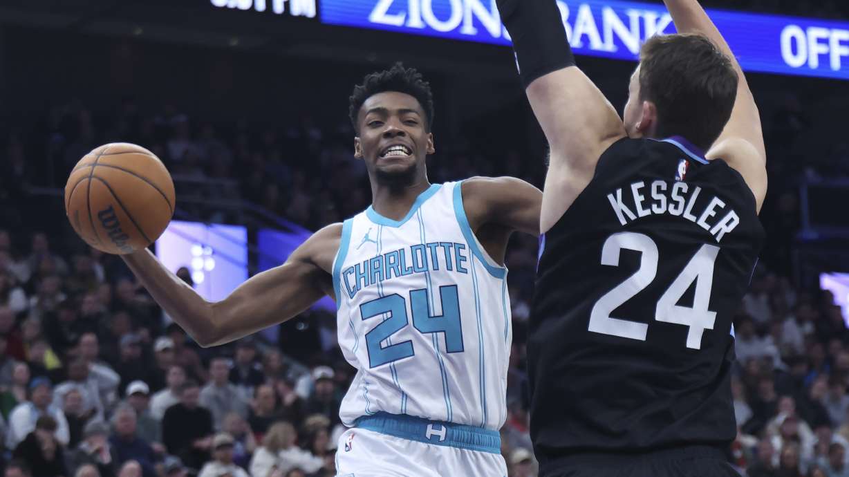 Charlotte Hornets forward Brandon Miller (24) goes to the basket against Utah Jazz center Walker Kessler (24) during the second quarter of an NBA basketball game, Wednesday, Jan. 15, 2025, in Salt Lake City.