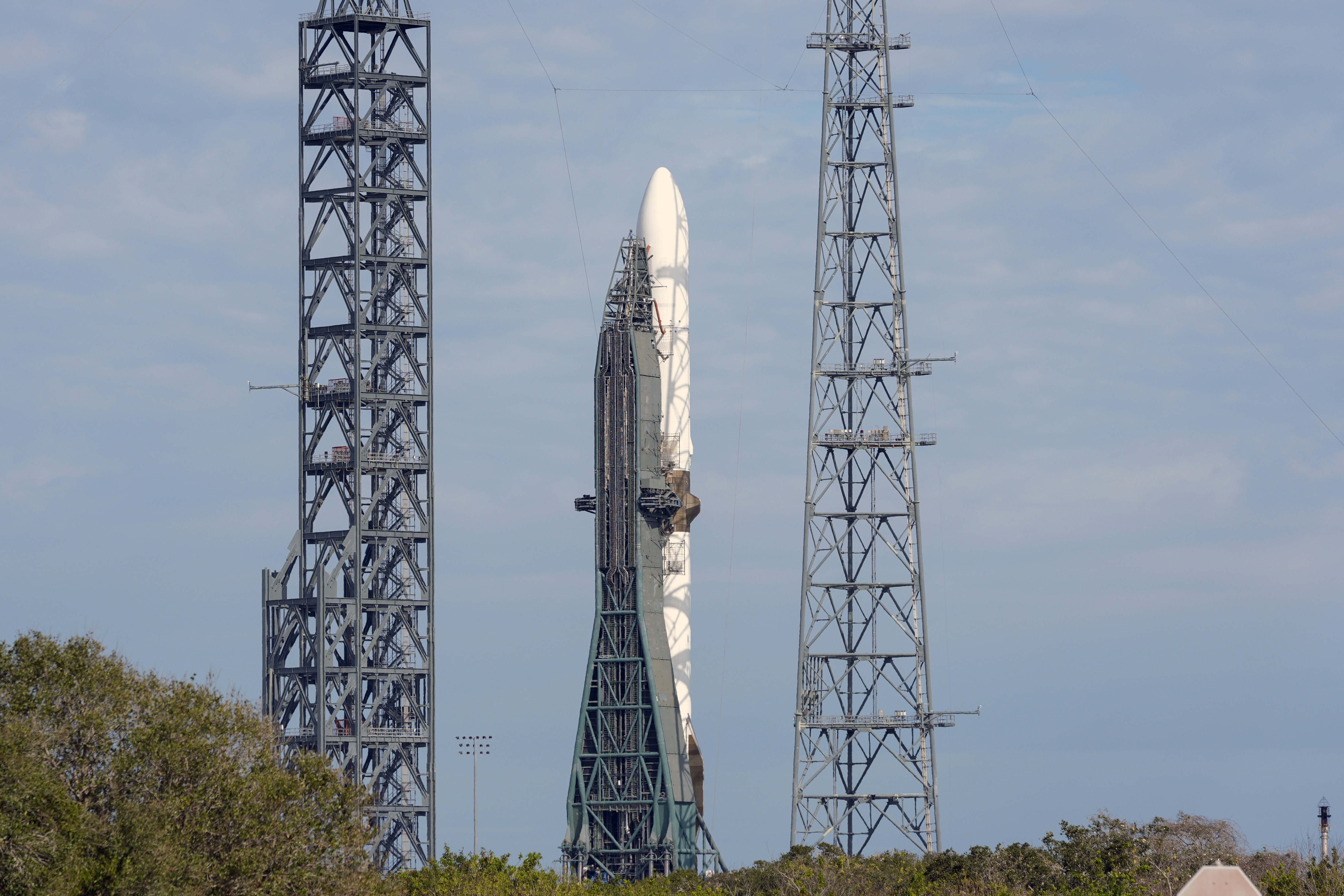 Blue Origin's New Glenn rocket stands ready for another launch attempt from Launch Complex 36 at the Cape Canaveral Space Force Station, Wednesday, in Cape Canaveral, Fla.