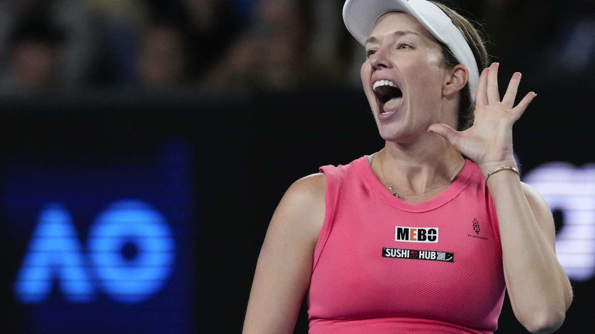 Danielle Collins of the U.S. reacts after defeating Destanee Aiava of Australia in their second round match at the Australian Open tennis championship in Melbourne, Australia, Thursday, Jan. 16, 2025.
