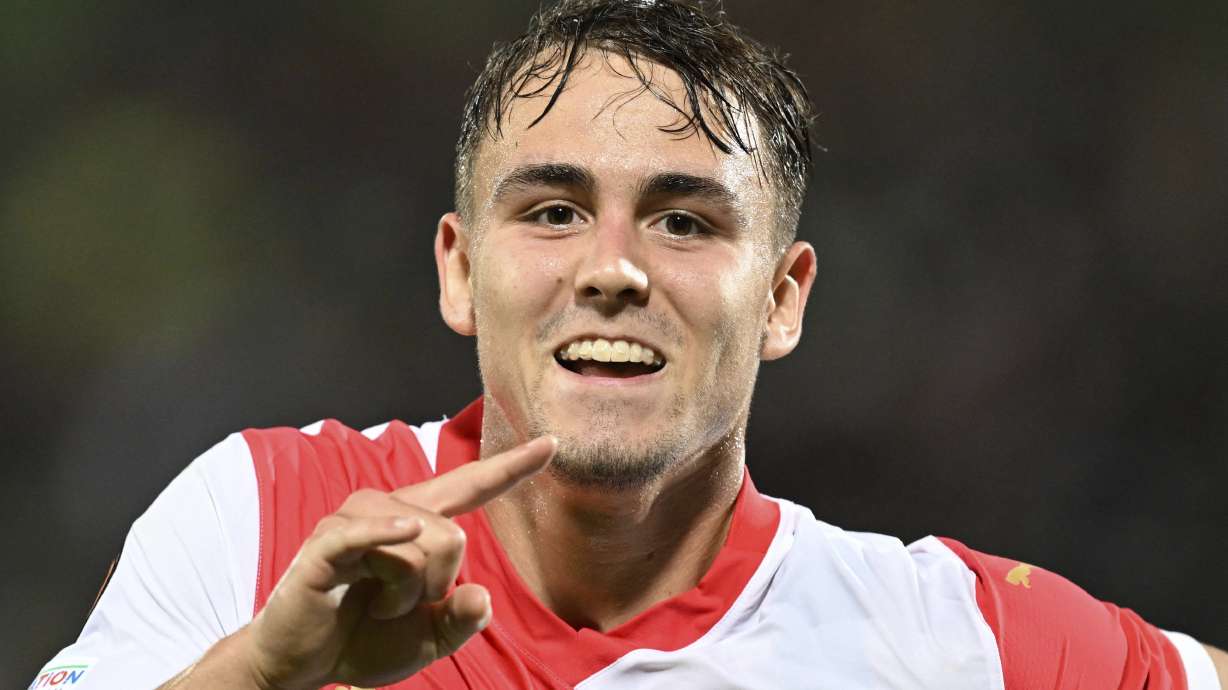 FILE - Slavia Praha's Matěj Jurásek celebrates his goal against Ludogorets during their Europa League soccer match at Ludogorets Arena, Razgrad, Bulgaria, Wednesday, Sept. 25, 2024.