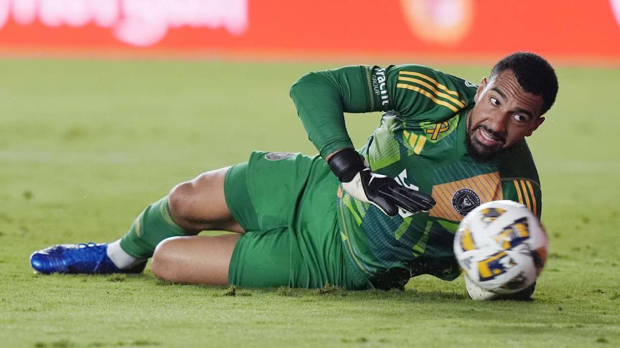FILE - Inter Miami goalkeeper Drake Callender stops a kick on goal during the first half of an MLS soccer match against the Philadelphia Union, Sept. 14, 2024, in Fort Lauderdale, Fla.