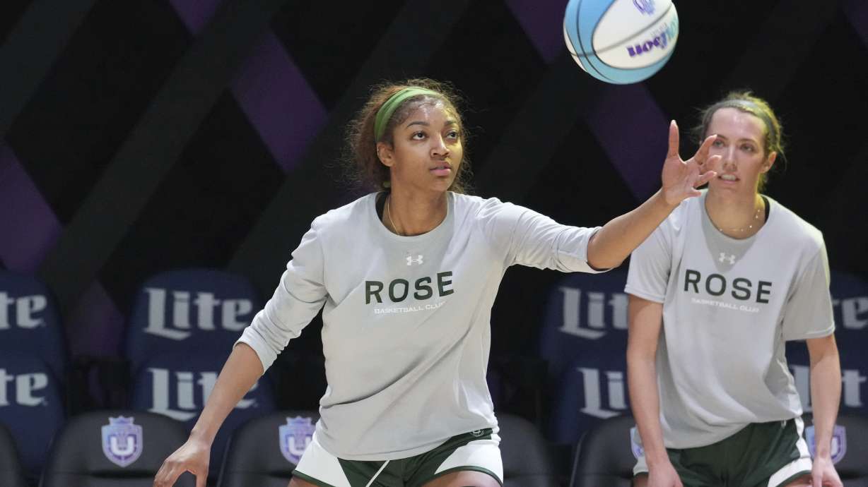 Rose's players Angel Reese, left, and Lexie Hull practice, Thursday, Jan. 16, 2025, in Medley, Fla., as the new 3-on-3 women's basketball league Unrivaled tips off this weekend.
