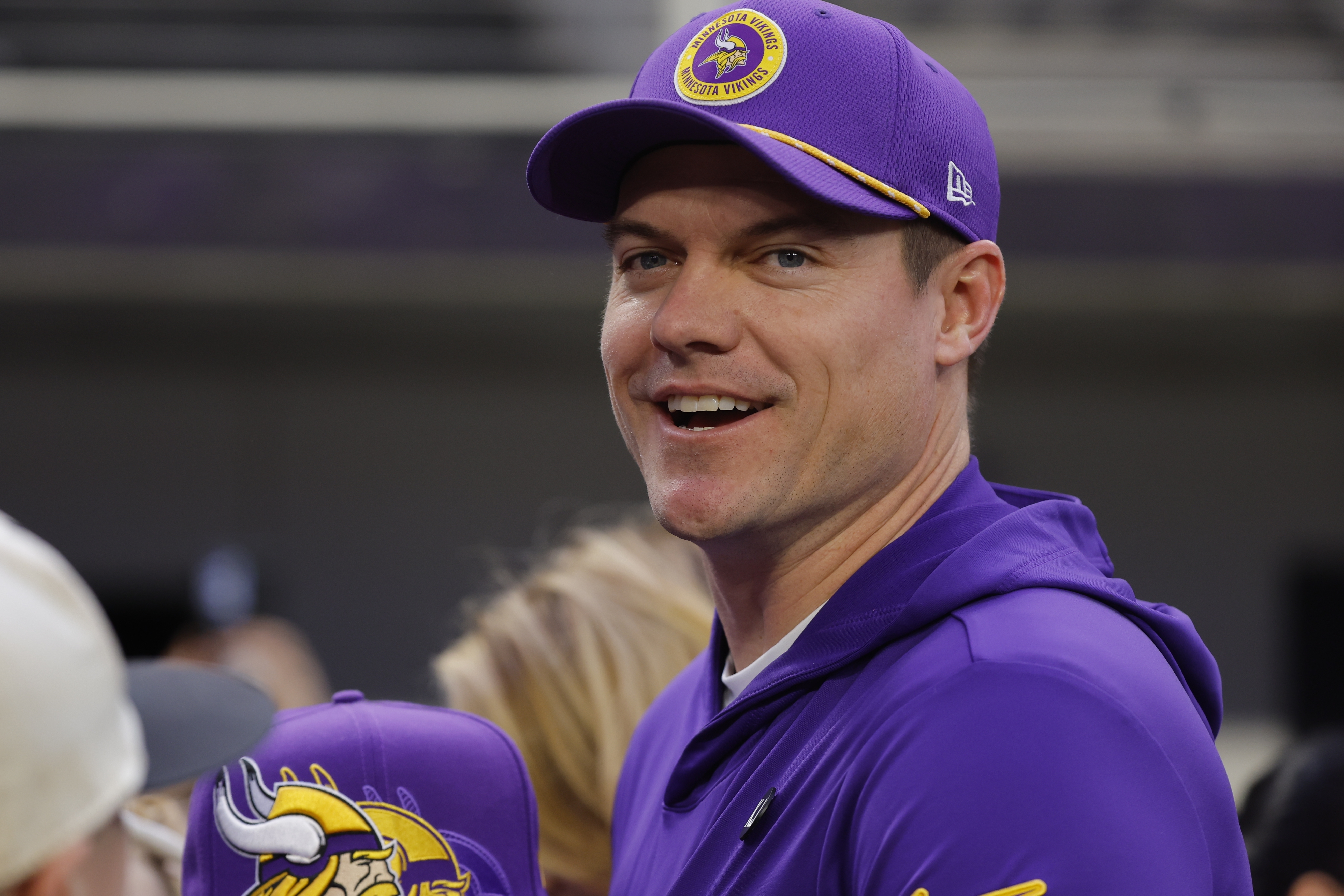 Minnesota Vikings head coach Kevin O'Connell smiles before an NFL football game against the Green Bay Packers Sunday, Dec. 29, 2024, in Minneapolis.