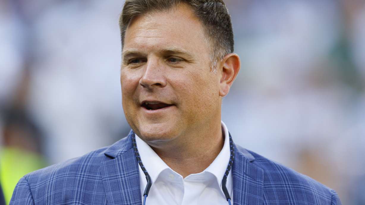 FILE - Green Bay Packers General manager Brian Gutekunst chats before an NFL football game against the Houston Texans, Oct. 20, 2024, in Green Bay, Wis.