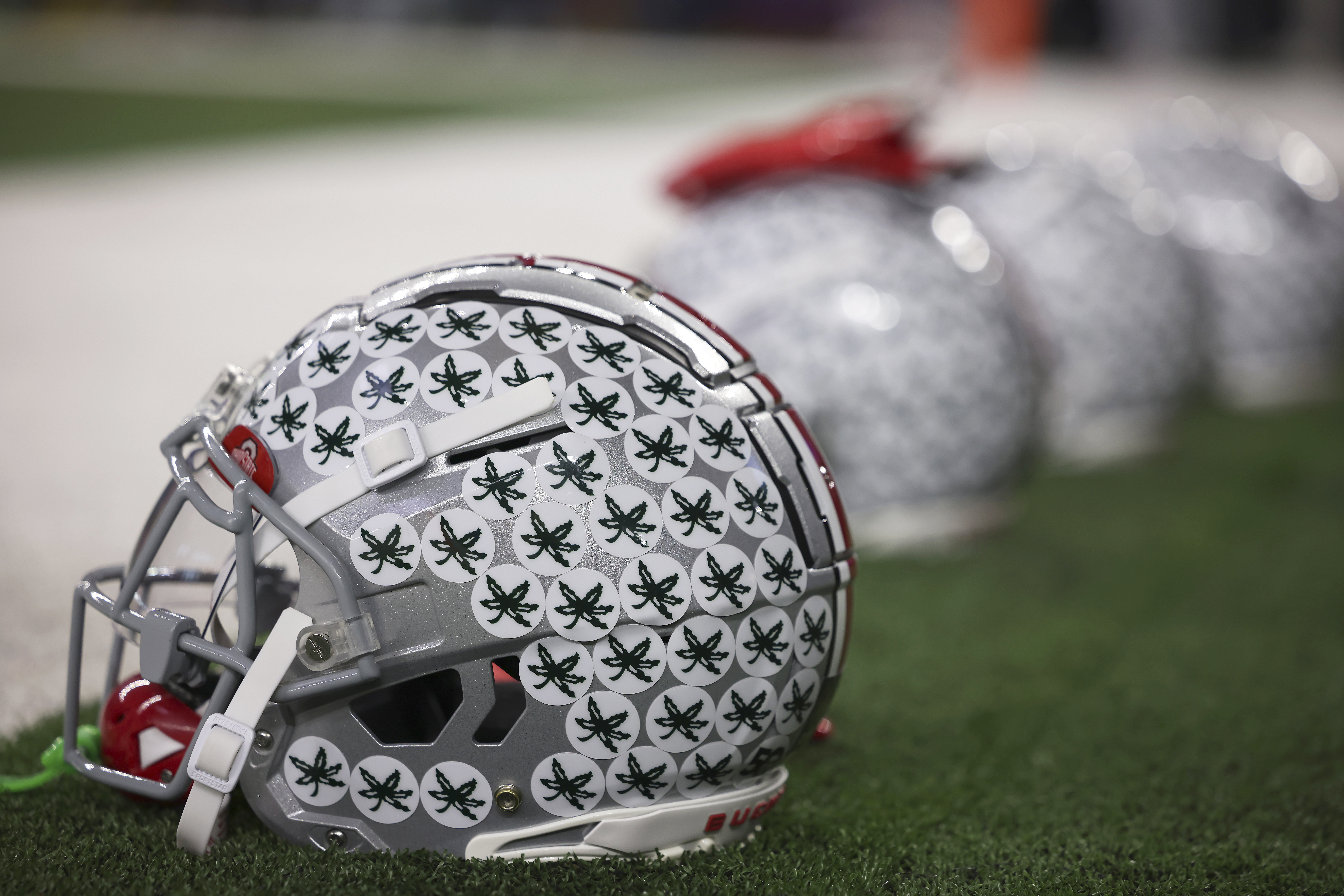 FILE - Ohio State helmets are shown before the Cotton Bowl College Football Playoff semifinal game between Texas and Ohio State, Jan. 10, 2025, in Arlington, Texas.
