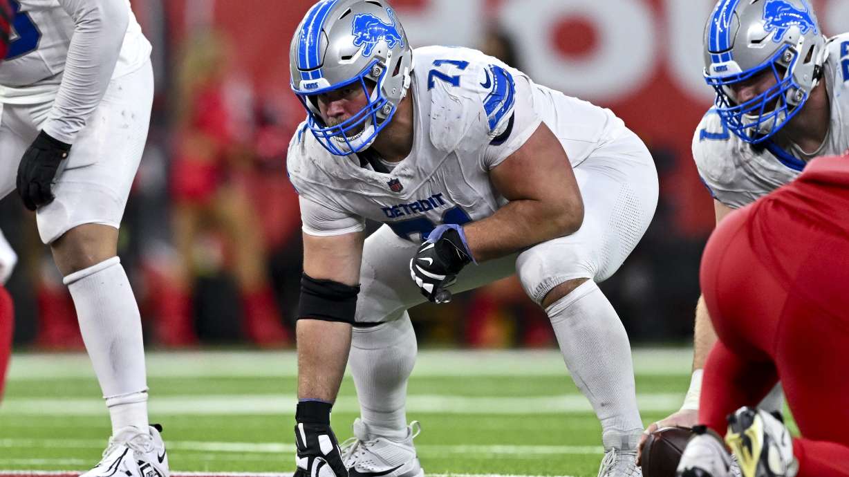 FILE - Detroit Lions guard Kevin Zeitler lines up against the Houston Texans in the second half during an NFL football game, in Houston, Nov 10, 2024.