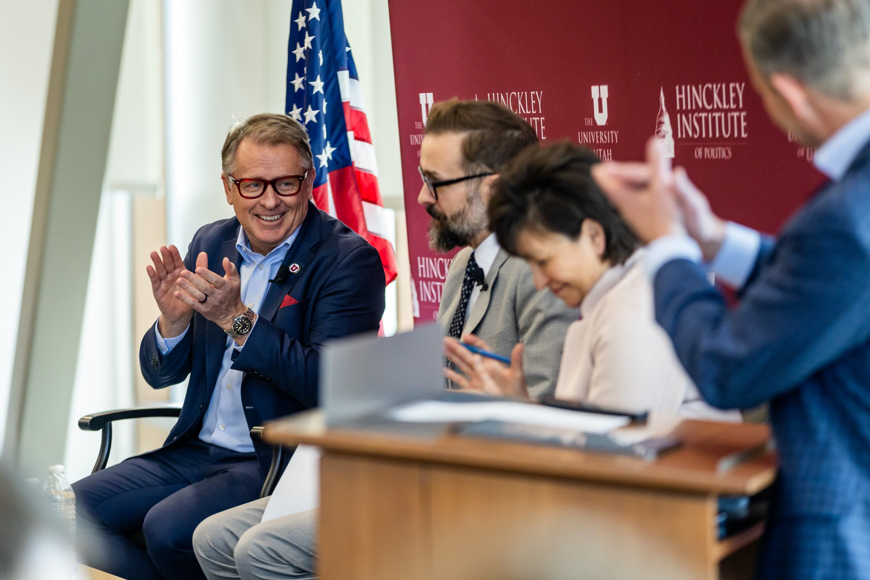 University of Utah President Taylor Randall, left, Commissioner of Utah System of Higher Education Geoff Landward, center, and University of Utah Provost Mitzi Montoya, right, participate in a forum to discuss the upcoming 2025 Legislature, at the University of Utah in Salt Lake City on Thursday.