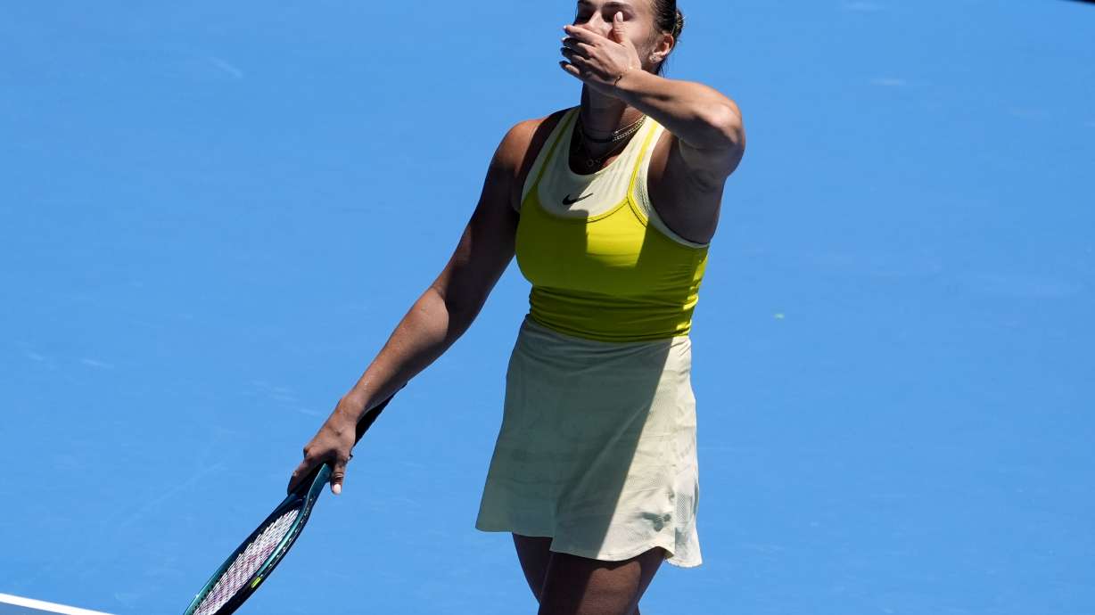 Aryna Sabalenka of Belarus celebrates after defeating Clara Tauson of Denmark in their third round match at the Australian Open tennis championship in Melbourne, Australia, Friday, Jan. 17, 2025.