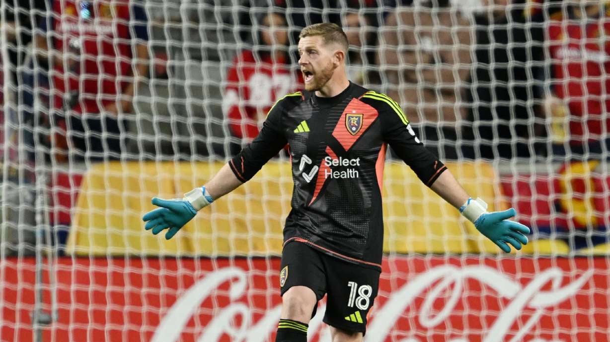Real Salt Lake goalkeeper Zac MacMath (18) directs as Real Salt Lake and Minnesota United FC play at America First Field in Sandy on Wednesday, Oct. 2, 2024. The game ended in a draw 0-0.