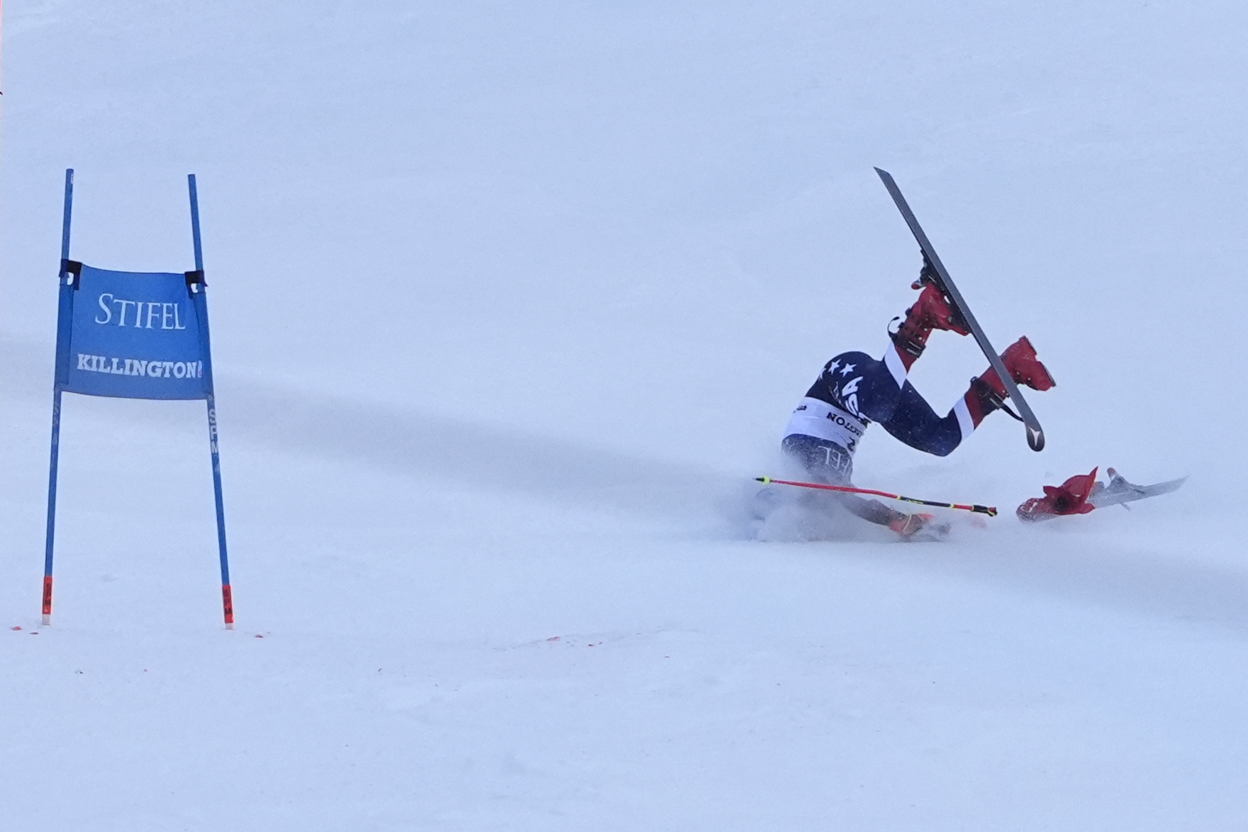 FILE -Mikaela Shiffrin, of the United States, crashes during the second run of a women's World Cup giant slalom skiing race, Nov. 30, 2024, in Killington, Vt.