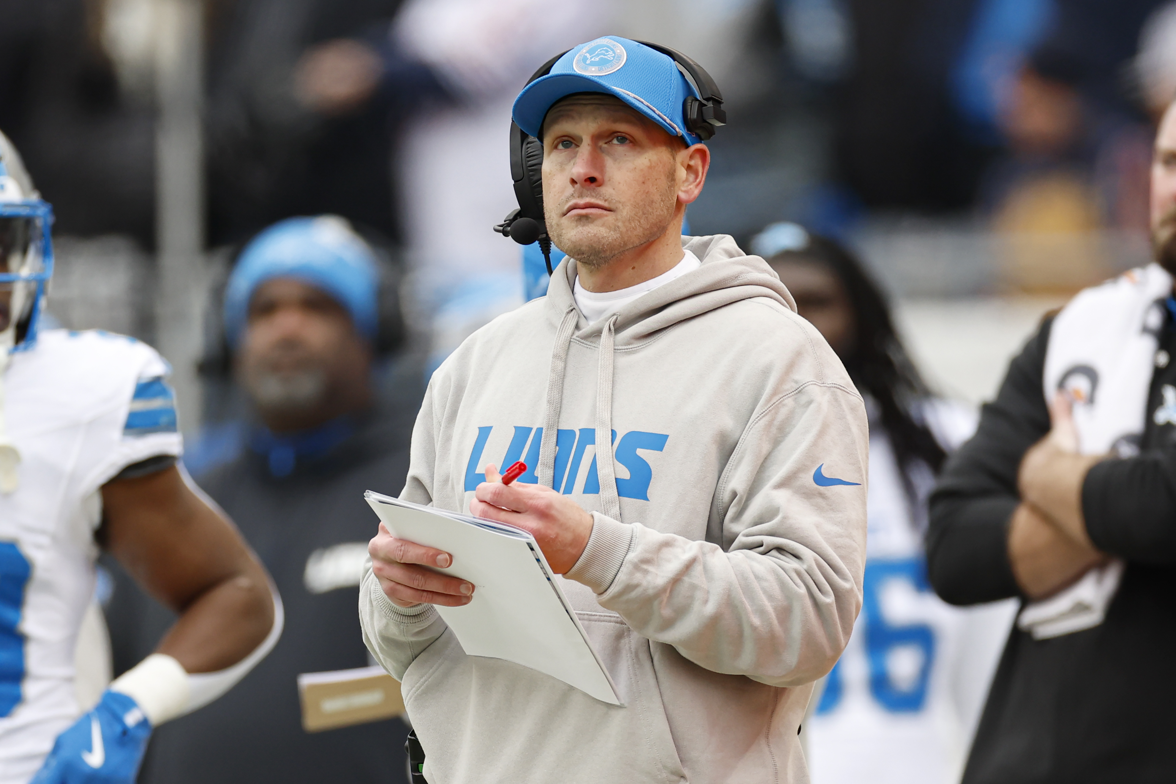 FILE - Detroit Lions offensive coordinator Ben Johnson looks on from the sidelines during the first half of an NFL football game against the Chicago Bears, Dec. 22, 2024, in Chicago.