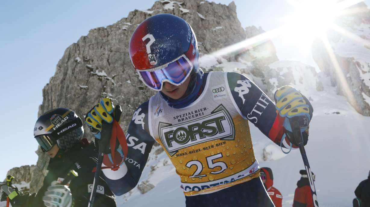 United States' Lauren Macuga gets ready for an alpine ski, women's World Cup downhill training, in Cortina d'Ampezzo, Italy, Friday, Jan. 17, 2025.
